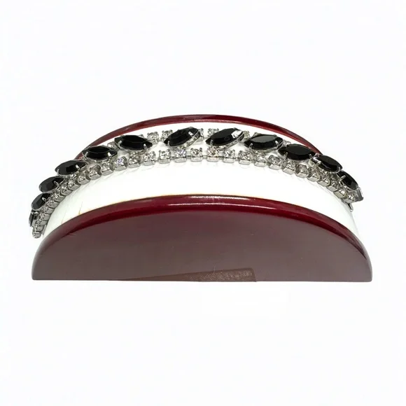 Vintage Domed Black Glass Marquis & Clear Rhinestone Bracelet - Picture 2 of 10